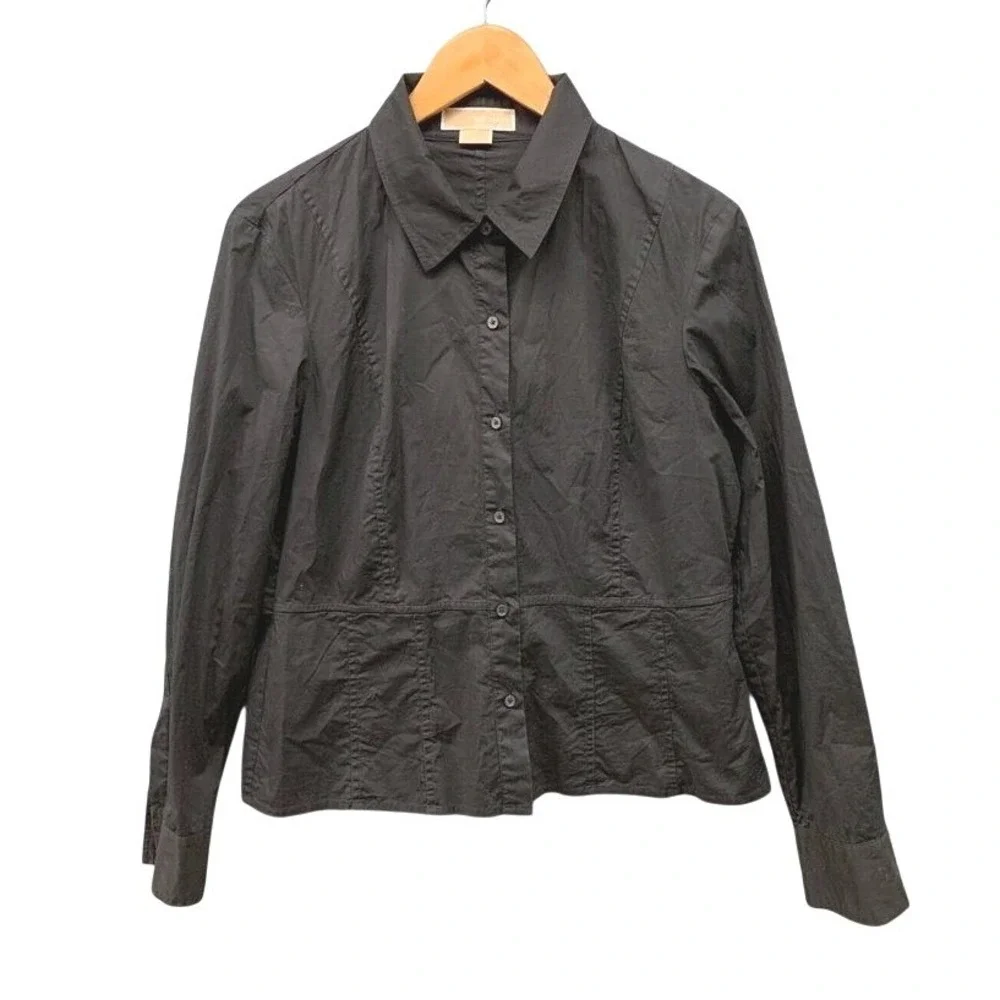 Michael Kors Button Front Shirt Womens L Black Tailored Long Sleeve Office Top